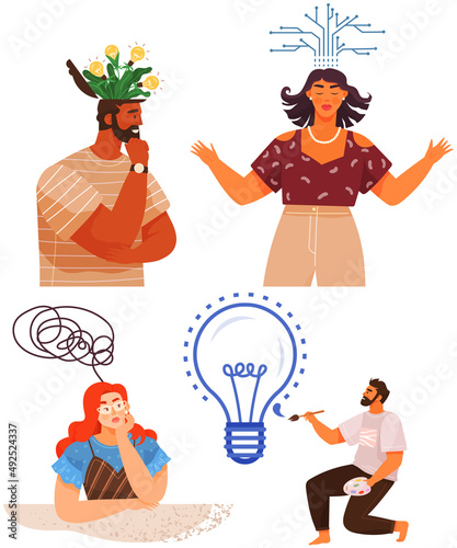 Mindset types set structural, analytical, logical and creative artistic personality predisposition, people with different thinking concept. Mind behavior, mental perceiving, psychological concept