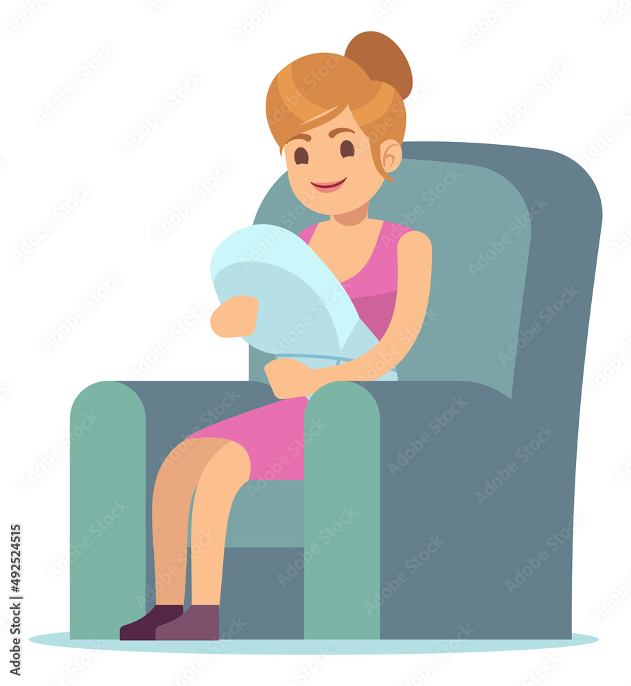 Woman with newborn sitting in chair. Happy mother with baby