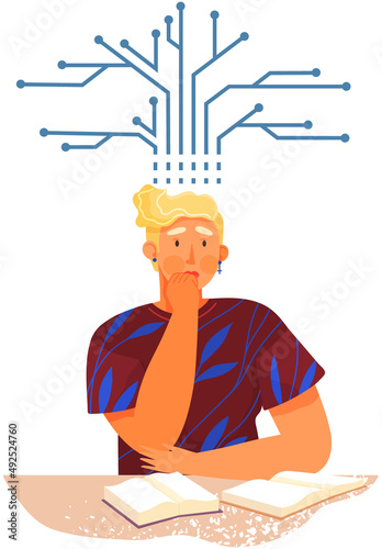 Type of mental thinking and man with technical mindset. Male microelectronics engineer or technician specialist thinks about microcircuits. Mind behaviour, mental perceiving, logical thinking