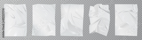White crumpled polyethylene film set vector illustration. 3d realistic drapery of luxury plastic, paper or fabric silk with shiny silky surface, polyethylene mockup on transparent background