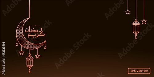Ramadan kareen lantern background vector simple ramadan Kareem arabic caligraphy vector , Eid Mubarak Greeting Line icon minimal vector design with mosque Glowing Lantern and hanging crescent moon