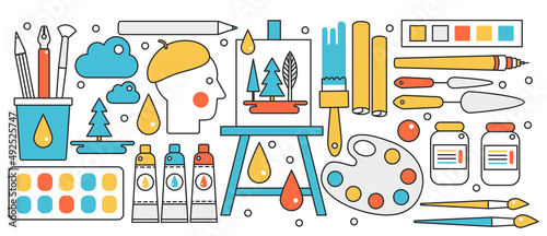 Creative art studio or school, craft hobby. Artist with materials and linear stuff tools for painting, stationery easel and brush, palette in infographic education concept banner, thin line art design