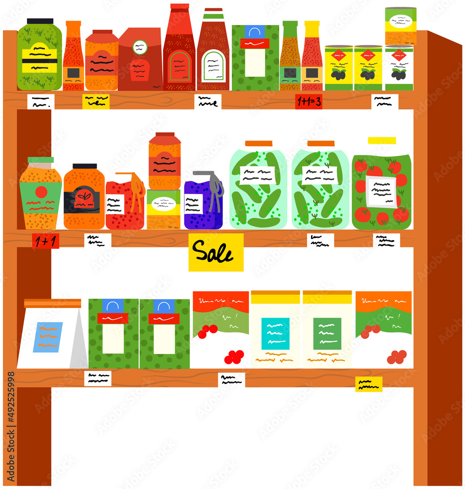 Supermarket furniture, grocery store with products on shelves. Shop in mall for selling