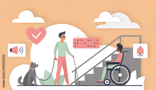 Help, care and assistance for people with physical disability. Free access and ramp at entrance of building for person in wheelchair, dog guide for man with impaired vision flat vector illustration
