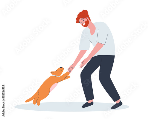 The dog jumps into the hands of his master. Meeting a pet and a man. Love for pets. Flat vector illustration. Eps10