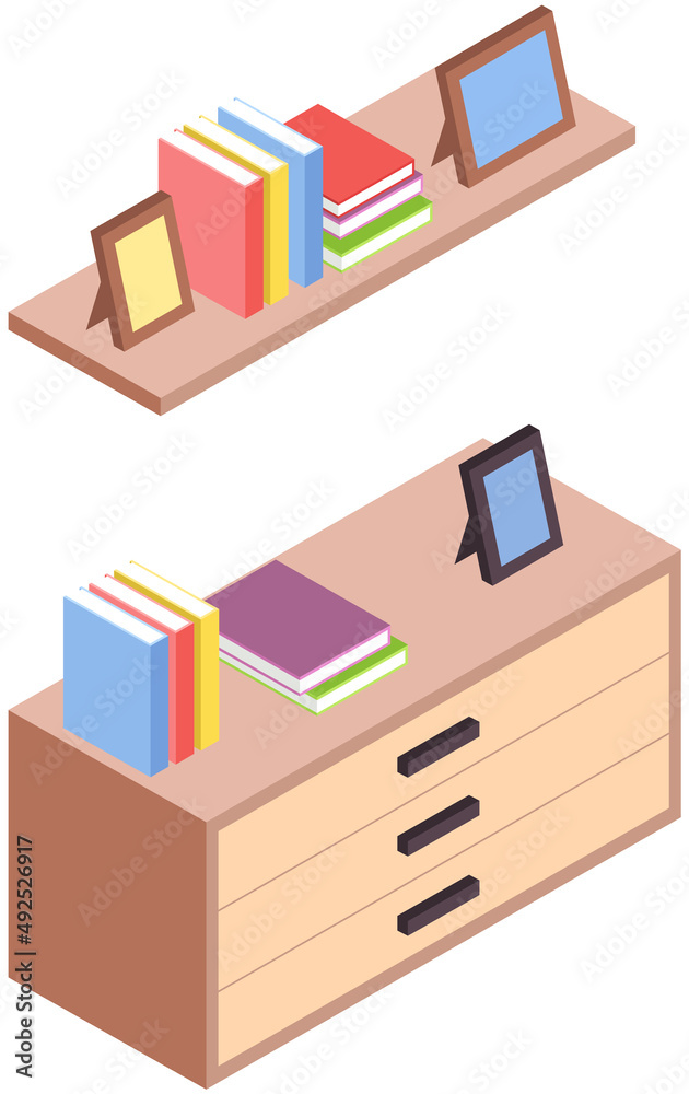 Interior of living room in modern style. Wooden bedside table with books and shelf with pictures on white background. Empty premise with furnishings for design, apartment equipment elements Interior of living room in modern style. Wooden bedside table with books and shelf with pictures on white background. Empty premise with furnishings for design, apartment equipment elements