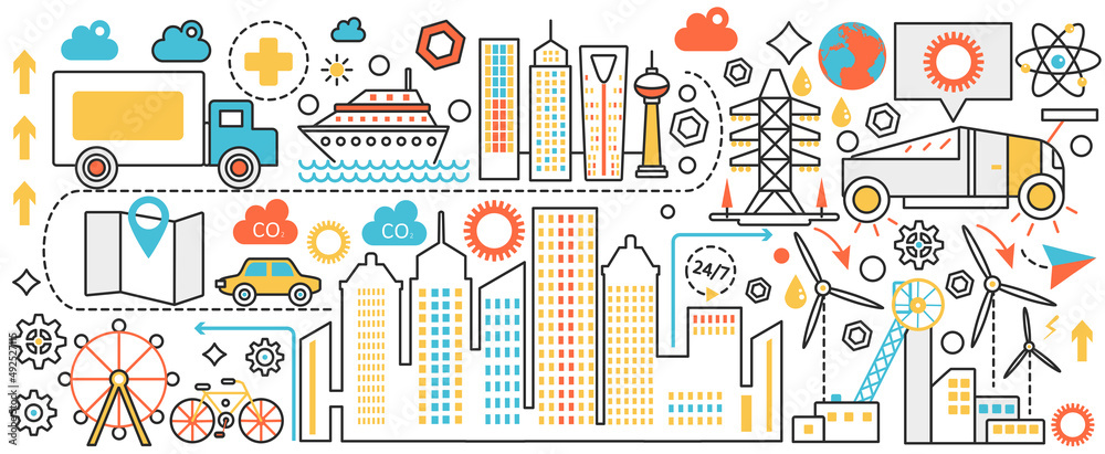 Modern city with future technology. Creative cityscape with silhouettes of skyscrapers and buildings, eco home and cars, urban skyline with windmill in infographic concept banner, thin line art design