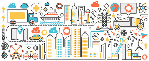 Modern city with future technology. Creative cityscape with silhouettes of skyscrapers and buildings  eco home and cars  urban skyline with windmill in infographic concept banner  thin line art design