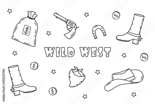 Wild West set of vector illustrations. Cowboy western elements icon. hat, neckerchief, boots, lasso, horseshoe, bag and money, pistol and cigarette.