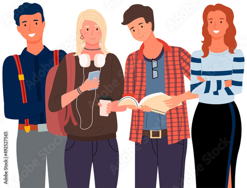 Diverse college, university students standing in line. Group of young people, multicultural men and women. Multinational couples, students of educational institution, university with books and laptops