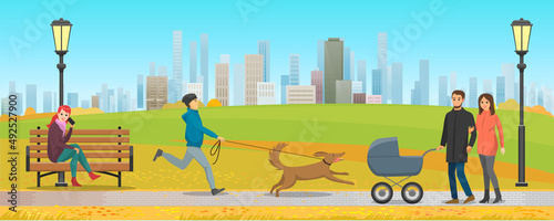 Park, family walking with child in stroller, man running after dog, people having rest outdoor. Urban park on background of high-rise buildings and skyscrapers. Nature and architecture in cityscape