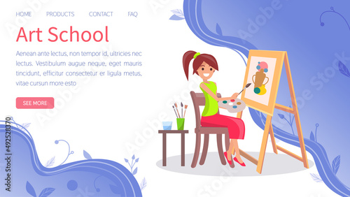 Art school of human creativity. Woman paints still life with brush on canvas. Female artist draws picture on easel, creates sketch of still life. Program for drawing lessons and creativie classes.