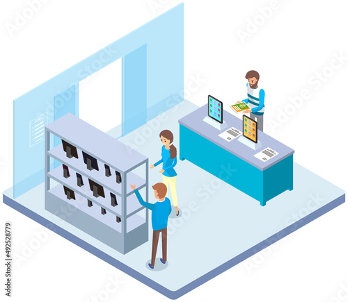 People at exhibition of new product. Isometric composition with man and woman at presentation near promotion stand and promoter. Presentation of new technologies, gadgets, products at exhibition