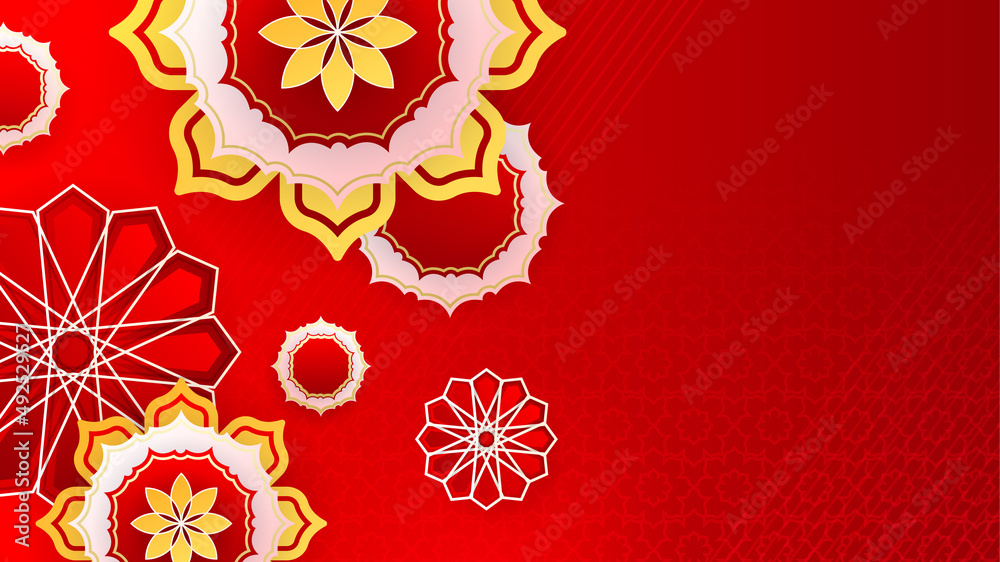 Islamic ramadan kareem background. Ramadan Kareem vector card with 3d golden metal crescent and stars. Arabic style arch in red orange color with traditional pattern. Copy space. Islamic ramadan kareem background. Ramadan Kareem vector card with 3d golden metal crescent and stars. Arabic style arch in red orange color with traditional pattern. Copy space.