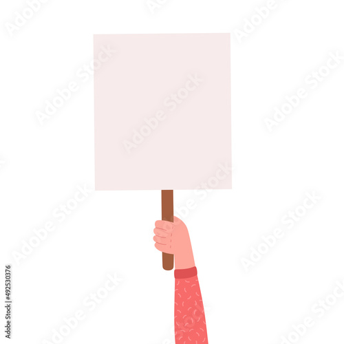 Person holding banner, placard. Street demonstration, placard protest, political revolution, demonstrate. Vector illustration