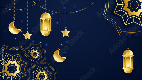 Beautiful realistic luxury blue gold Islamic ramadan kareem design background with mandala pattern, hanging lantern, moon, and star.