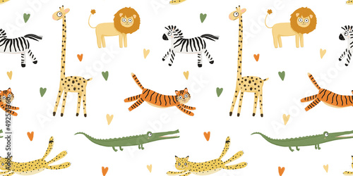 Cute African animals. Seamless pattern with giraffe, leopard, lion, tiger, crocodile, zebra. Children's wallpaper in Scandinavian style. Cartoon background for children clothing, wallpaper, kids room