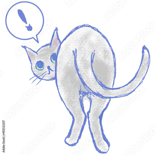 歩き出すと振り返るグレーの猫のイラスト