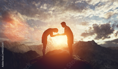 Obraz na płótnie Men handshake and bowing. Respect and compromise