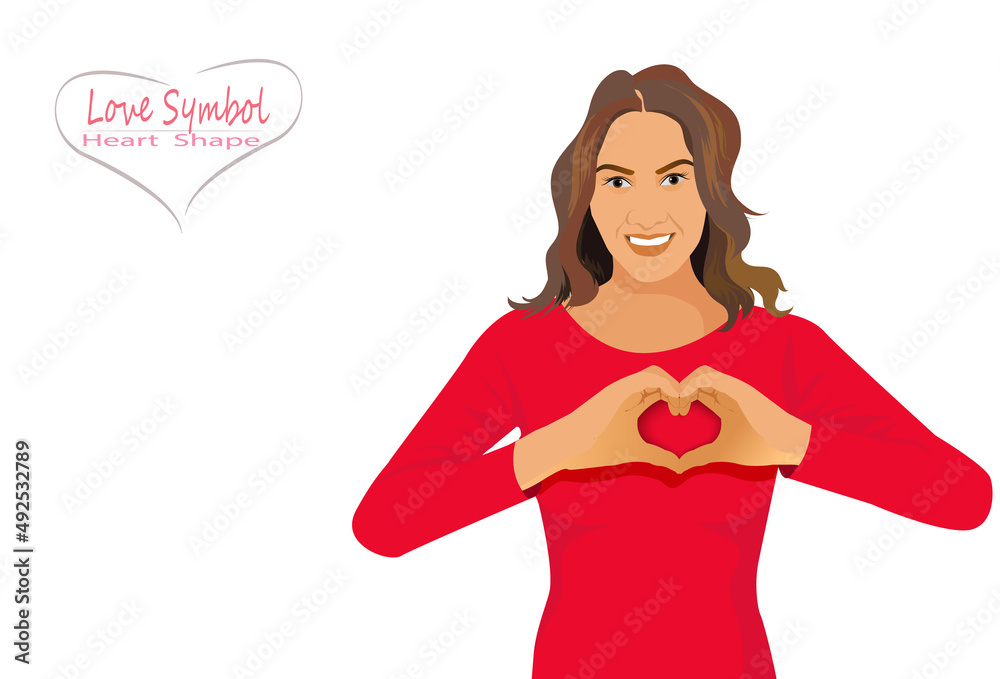 young cute woman show heart figure beaming shiny smile wear red sweater isolated white background