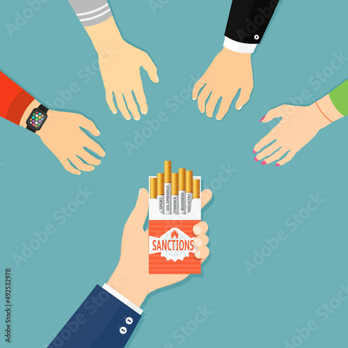 Concept of sanctions. Hands are reaching for cigarette pack with sanctions. Flat design illustration.