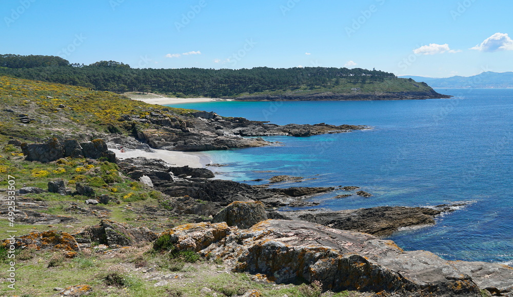 Atlantic coast landscape with rocks and sandy beach in Galicia, Spain, Pontevedra province, Cangas, Cabo Home