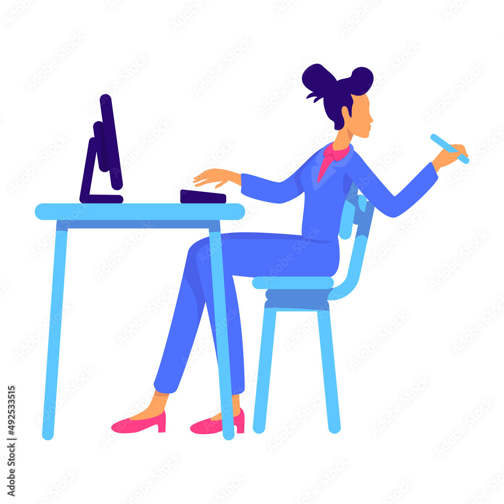 Confident office lady sitting at table semi flat color vector character. Full body person on white. Businesswoman. Modern woman simple cartoon style illustration for web graphic design and animation Confident office lady sitting at table semi flat color vector character. Full body person on white. Businesswoman. Modern woman simple cartoon style illustration for web graphic design and animation