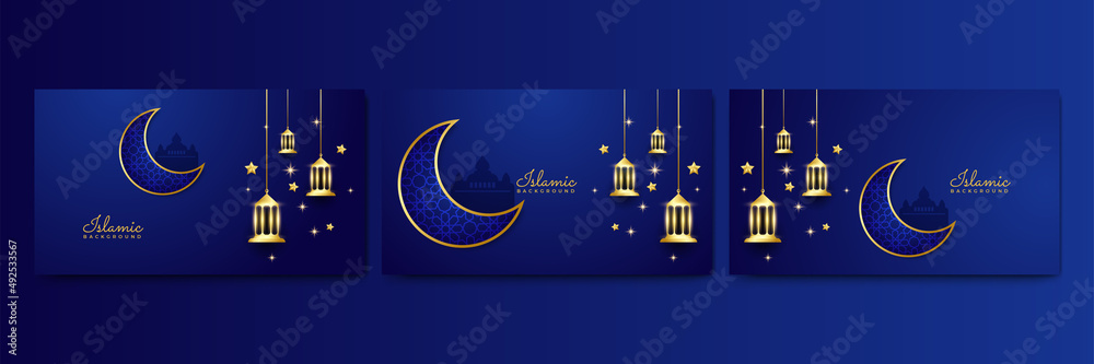 Set of realistic 3D Ramadan Kareem background. Blue gold moon and abstract luxury islamic elements background Set of realistic 3D Ramadan Kareem background. Blue gold moon and abstract luxury islamic elements background