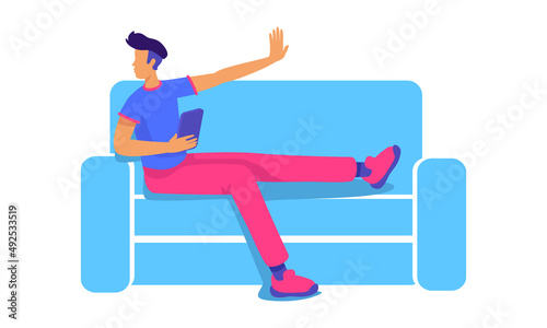 Carefree guy with tablet sitting on sofa semi flat color vector character. Full body person on white. Spending time with gadget simple cartoon style illustration for web graphic design and animation
