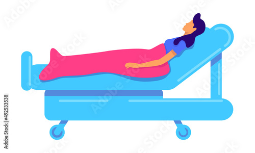Woman recovering after surgery operation semi flat color vector character. Lying figure. Full body person on white. Simple cartoon style illustration for web graphic design and animation