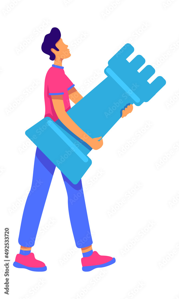Young man holding rook piece semi flat color vector character. Walking figure. Full body person on white. Playing chess simple cartoon style illustration for web graphic design and animation