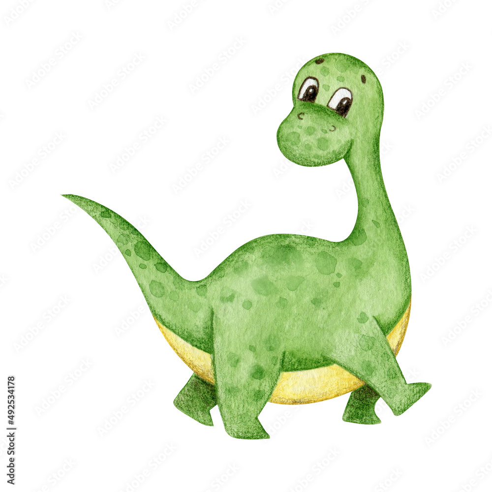 Fototapeta premium Cute animal baby dinosaur. Watercolor clipart element isolated on white background. Illustartion for kids party, birthday, child room