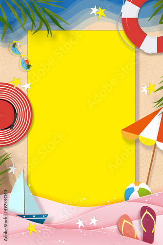 Summer background with beach vacation holiday theme in pink wave layer and copy space,Vector flat lay paper cut of tropical summer design, palm leaf and cloud on sandy beach background