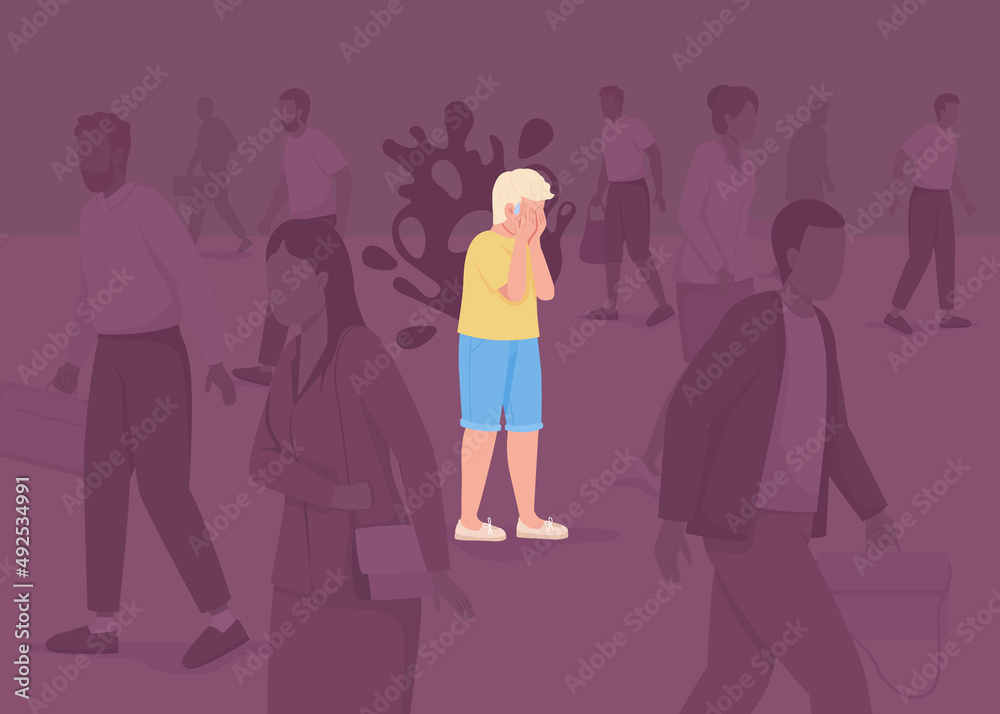Kid has panic attack in crowd flat color vector illustration. Anxiety disorder. Mental health. Boy experiences fear and stress 2D simple cartoon characters with strangers on background