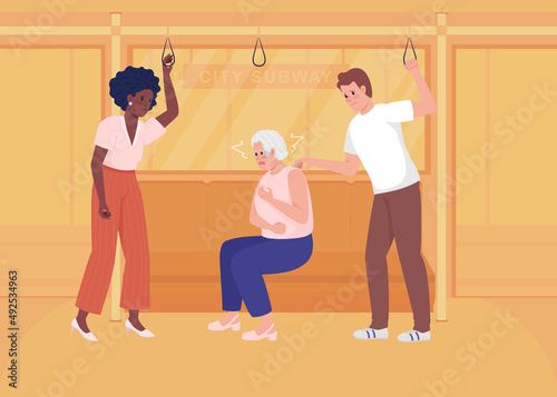 Fear episode on public transport flat color vector illustration. Senior woman experiences stress. Mental health. Reassuring strangers 2D simple cartoon characters with transport on background