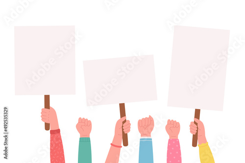 People holding banners and placards. Street demonstration, placard protest, political revolution, demonstrate. Vector illustration