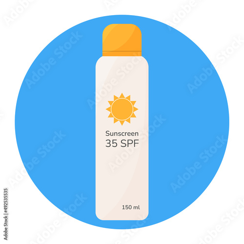 SPF Sunscreen spray vector flat icon. Cartoon style sunscreen skincare cosmetic bottle isolated on round blue background. SPF 35 uv protective sunblock for safe sunbathing Design decor element sticker