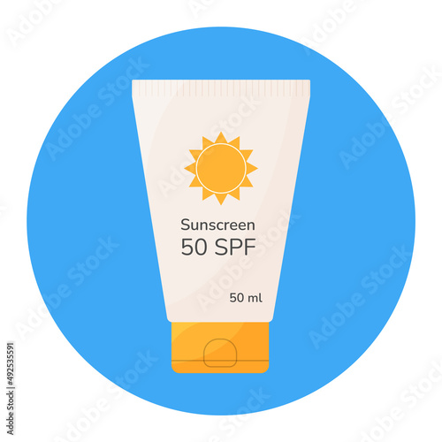 SPF sunscreen cream bottle flat icon. Cartoon style sunblock summer skincare beauty cosmetic. Sunscreen protective lotion against uv rays for sensitive skin. Bright colorful flat vector illustration.