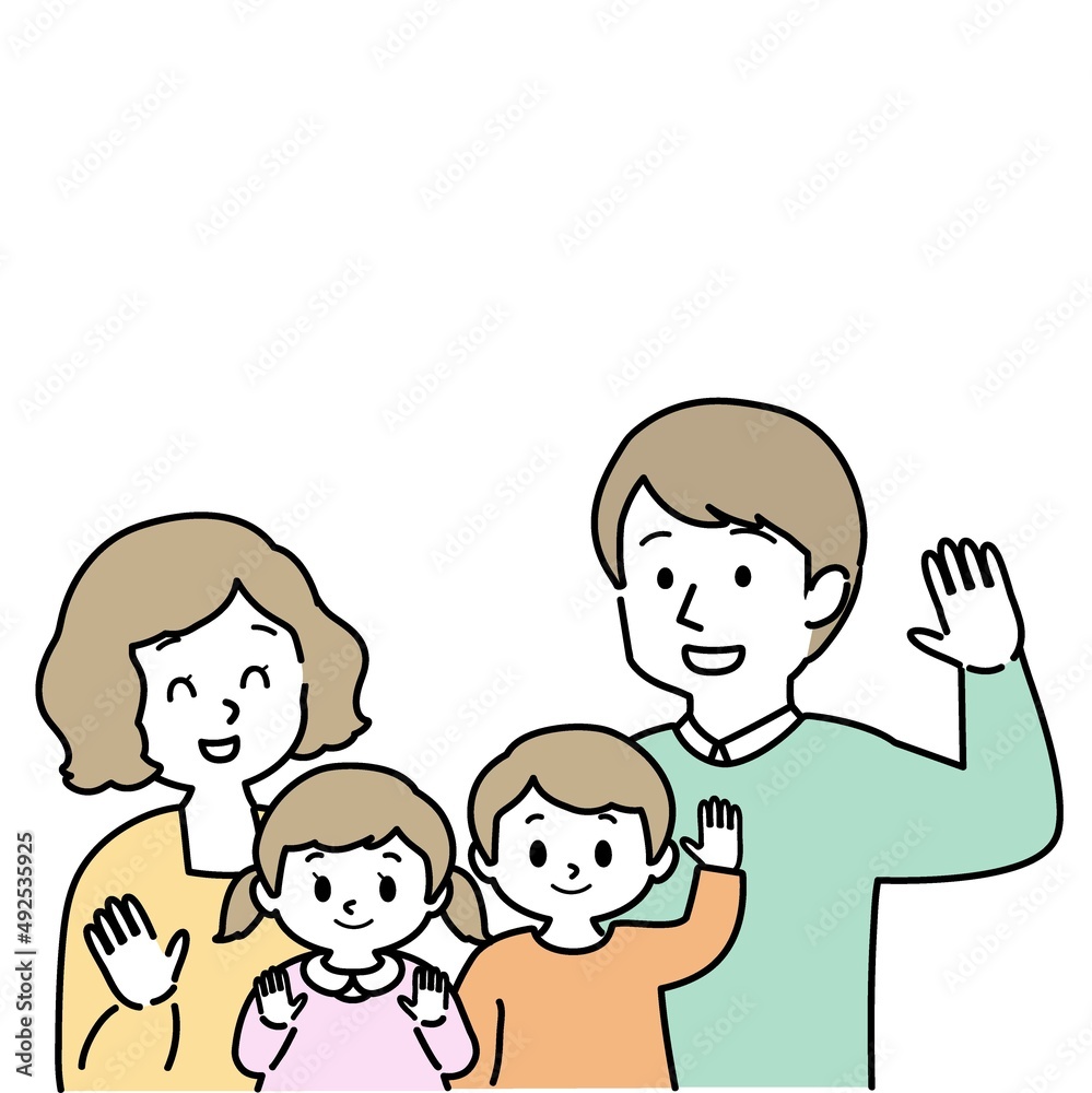 イラスト素材：こちらに手を振る男女の子供を育てる幸せな若い夫婦 　4人家族（主線あり）
