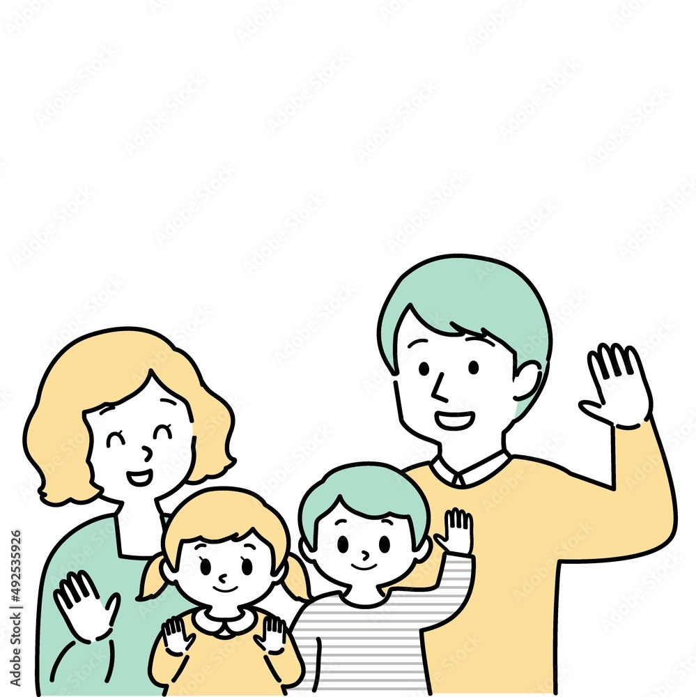 イラスト素材：こちらに手を振る男女の子供を育てる幸せな若い夫婦 　4人家族（主線あり/単色）
