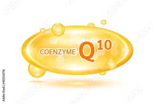 Coenzyme Q10 and minerals complex. Glossy vitamins pills capsules. Pill, Healthy food supplement. Medical scientific and healthcare concept. Isolated on white background 3D Vector EPS10.
