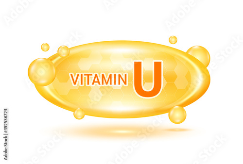 Vitamin U and minerals complex. Glossy vitamins pills capsules. Pill, Healthy food supplement. Medical scientific and healthcare concept. Isolated on white background 3D Vector EPS10.