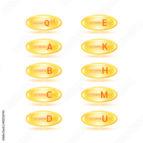 Vitamins and minerals complex set. Glossy vitamins pills capsules  orange. Pill, Healthy food supplement. Medical scientific and healthcare concept. Isolated on white background 3D Vector EPS10.