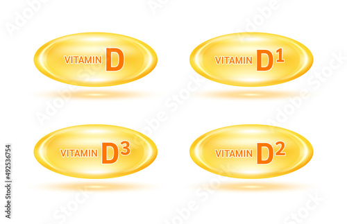 Vitamin D and minerals complex set. Glossy vitamins pills capsules  orange. Pill, Healthy food supplement. Medical scientific and healthcare concept. Isolated on white background 3D Vector EPS10.