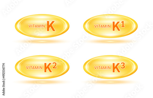 Vitamin K and minerals complex set. Glossy vitamins pills capsules  orange. Pill, Healthy food supplement. Medical scientific and healthcare concept. Isolated on white background 3D Vector EPS10.