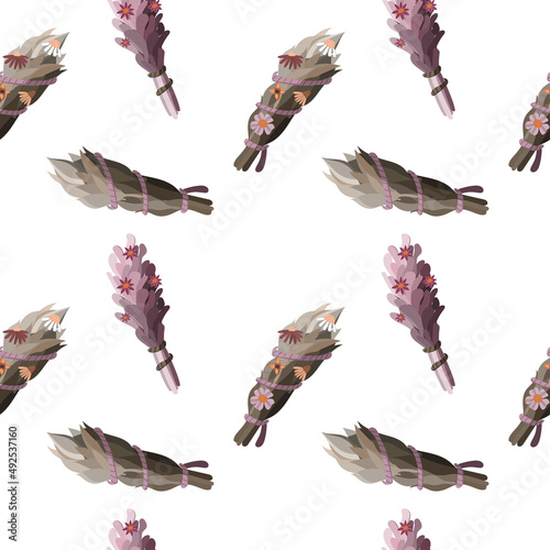 Seamless pattern with herbal smudge sticks and flowers