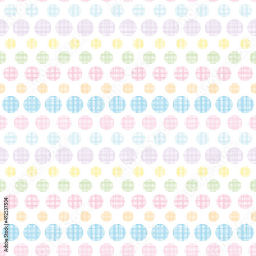 Textile circles seamless pattern. Vector woven fabric texture on white background. Repeating linen texture in pastel colors.