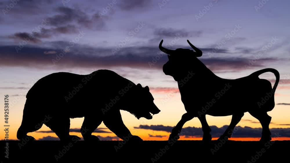Silhouette of two Symbolic Beasts of Finance, the Bear and the Bull, Time Lapse at Twilight, Frankfurt Stock Exchange