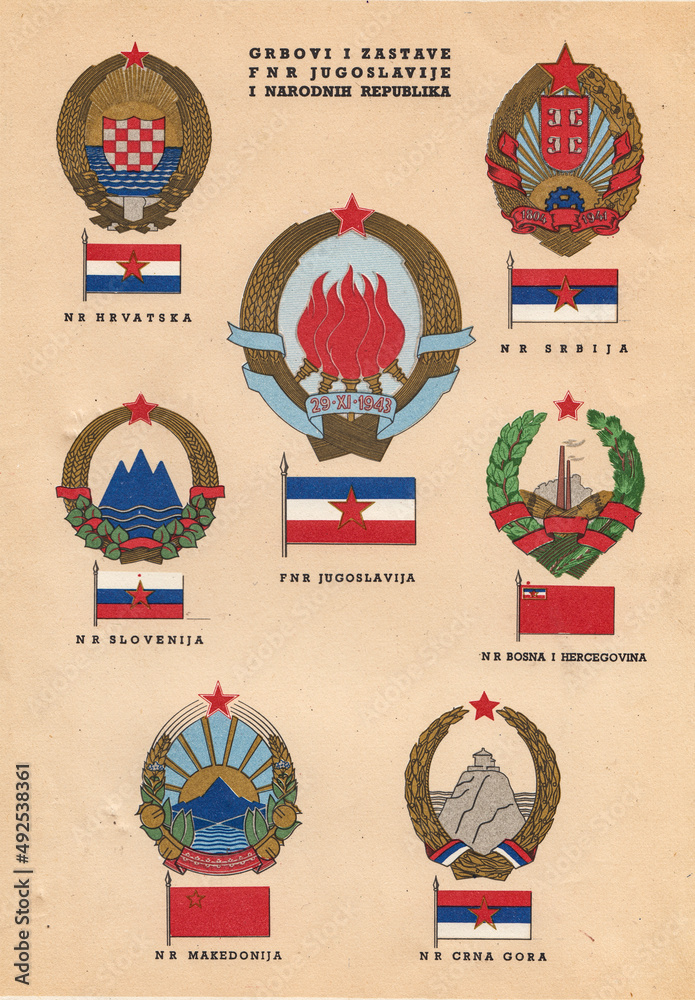Yugoslavia, Federal People's Republic, Arms and Flags - obrazy, fototapety, plakaty 