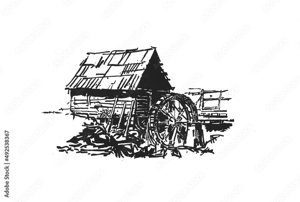Mill on River, old wooden rural building